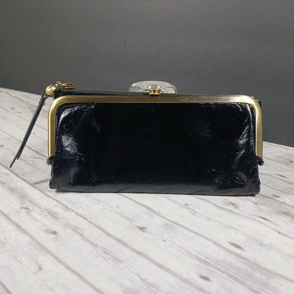 HOBO Black Patent Leather Clutch Bifold Wallet Gold Tone Lock Zip Top Pocket 7.5 - Picture 1 of 9